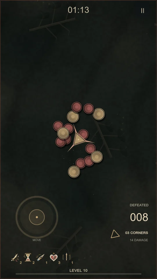 The triangle hero in a crowd of red and gold circles, spikes out mid-strike.