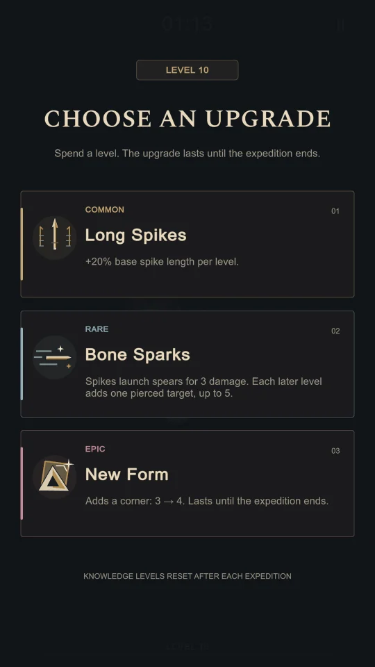 The upgrade choice after a level-up — Long Spikes, Bone Sparks or New Form.