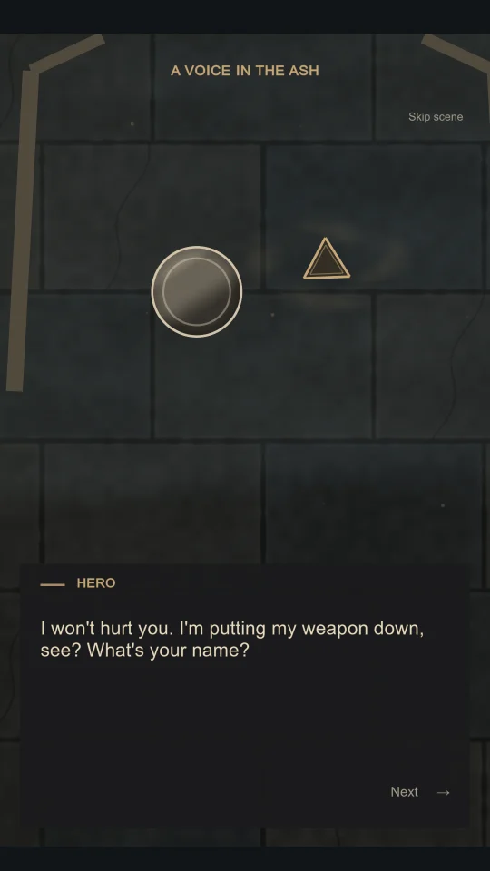 A story scene — the hero, still a circle, puts the weapon down in front of a lost child.