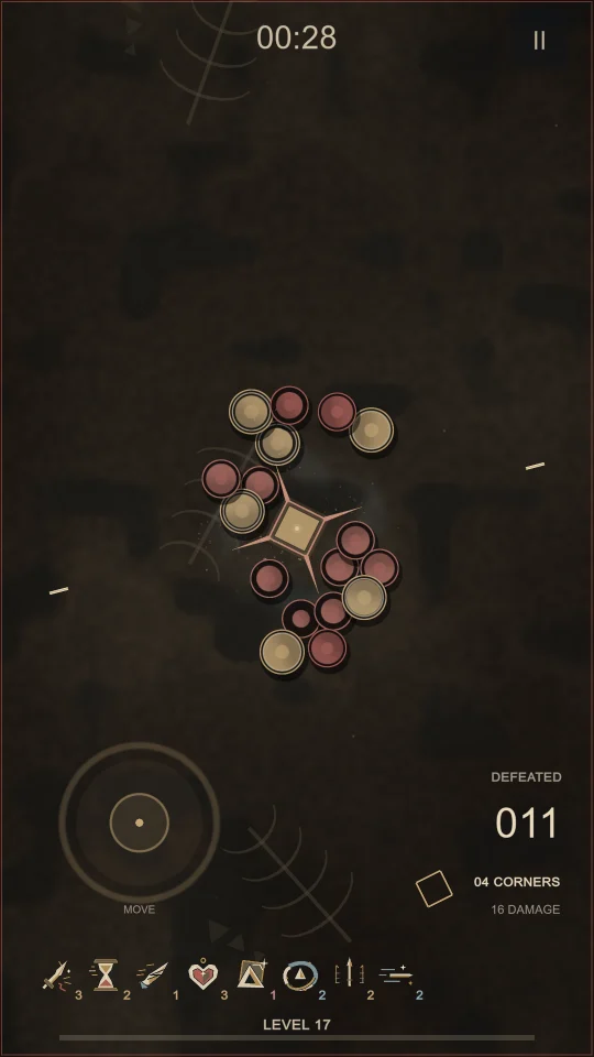 The hero as a square with four spikes, holding off a dense ring of enemies.