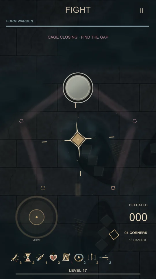 A boss fight with a Form Warden while a pentagon cage closes in.
